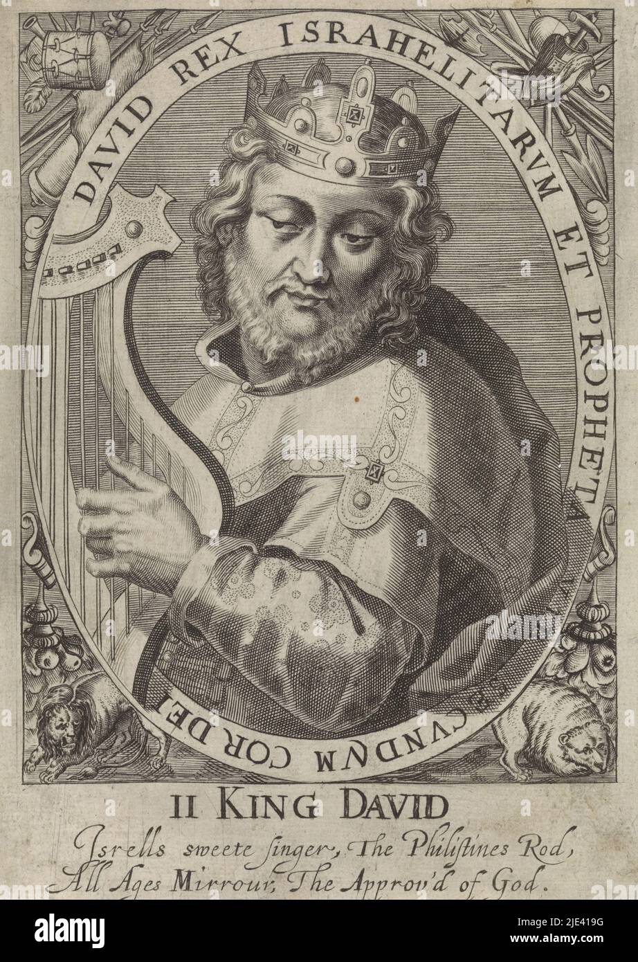 Re David come uno dei nove eroi, William van de Passe, 1621 - 1636, l'eroe ebraico David, giocando la sua arpa. Busto racchiuso in una cornice ovale con un'iscrizione di bordo in latino. A margine il suo nome e una poesia di lode a due righe in inglese., tipografo: Willem van de Passe, Londra, 1621 - 1636, carta, incisione, a 178 mm x l 128 mm Foto Stock