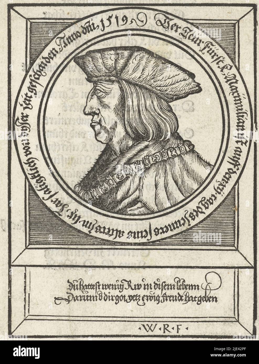 Ritratto dell'imperatore Massimiliano i, Albrecht Dürer (scuola di), 1530, Ritratto dell'imperatore Massimiliano i en profil, il distintivo del vello d'Oro intorno al collo. Intorno al ritratto un'iscrizione di bordo e sotto di esso una didascalia in tedesco in scrittura gotica. Sul verso anche il testo tedesco in Gothic script., tipografo: Albrecht Dürer, (scuola di), tipografo: Wolfgang Resch, (menzionato sull'oggetto), tipografo: Neurenberg, tipografo: Germania, 1519 e/o 1530, carta, h 139 mm x l 103 mm Foto Stock