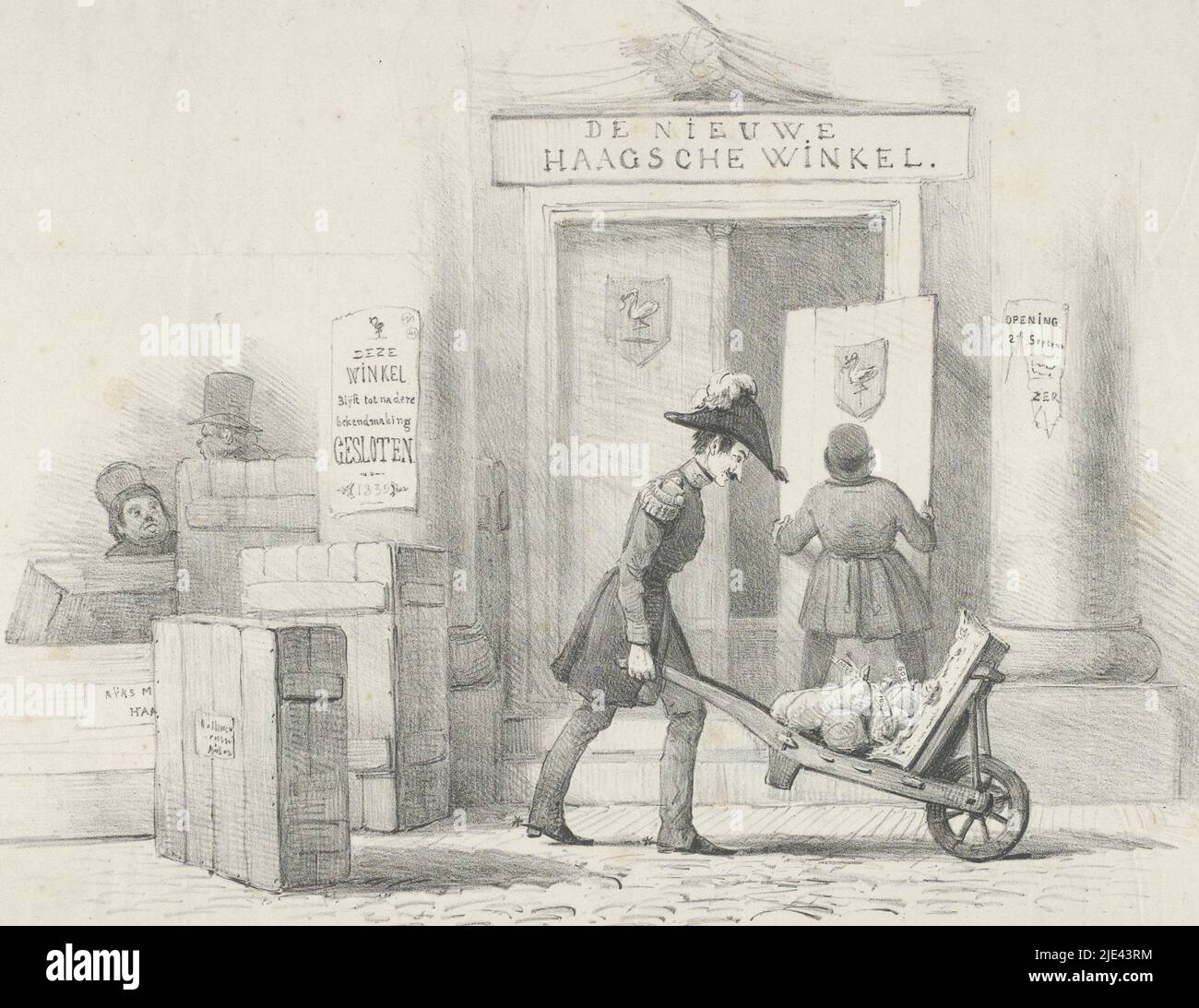 Cartoon sulla mostra di maestri viventi a l'Aia, 1839, anonimo, 1839, Cartoon sulla mostra di dipinti di maestri viventi a l'Aia nel 1839. Le opere premiate si sono rivelate per lo più di artisti di Brabant e, secondo voci, già di proprietà prima della mostra da Barone de Ceva, affiancato al Principe Frederik e membro del comitato espositivo. Mentre il negozio è in fase di imbarco, il Baron de Ceva parte con una carriola carica di borse di denaro e un dipinto. Sulla sinistra alcune casse con dipinti pronti per il trasporto, una etichettata 'Rijks m(useo) Haa(rlem)' e. Foto Stock