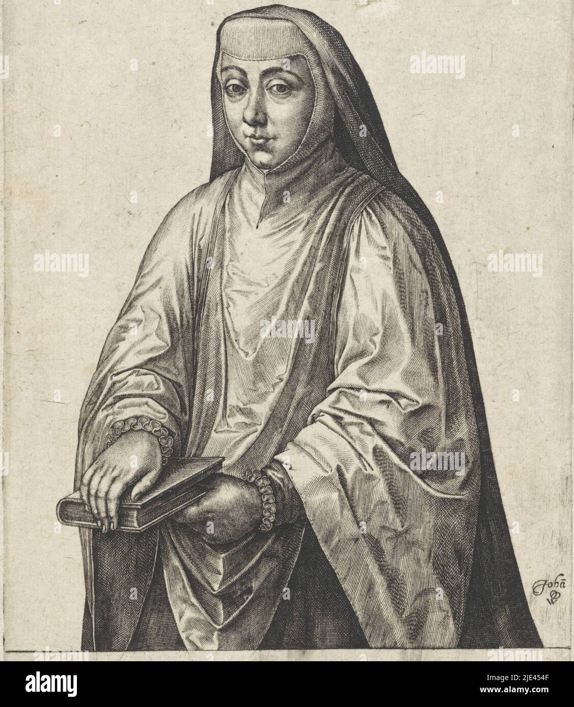 Ritratto di una donna sconosciuta, Johannes Wierix, 1568 - 1576, Ritratto di una donna sconosciuta. Indossa l'abitudine di una suora, nelle sue mani un libro. Con un margine vuoto., stampatore: Johannes Wierix, (menzionato sull'oggetto), Anversa, 1568 - 1576, carta, incisione, a 150 mm x l 104 mm Foto Stock