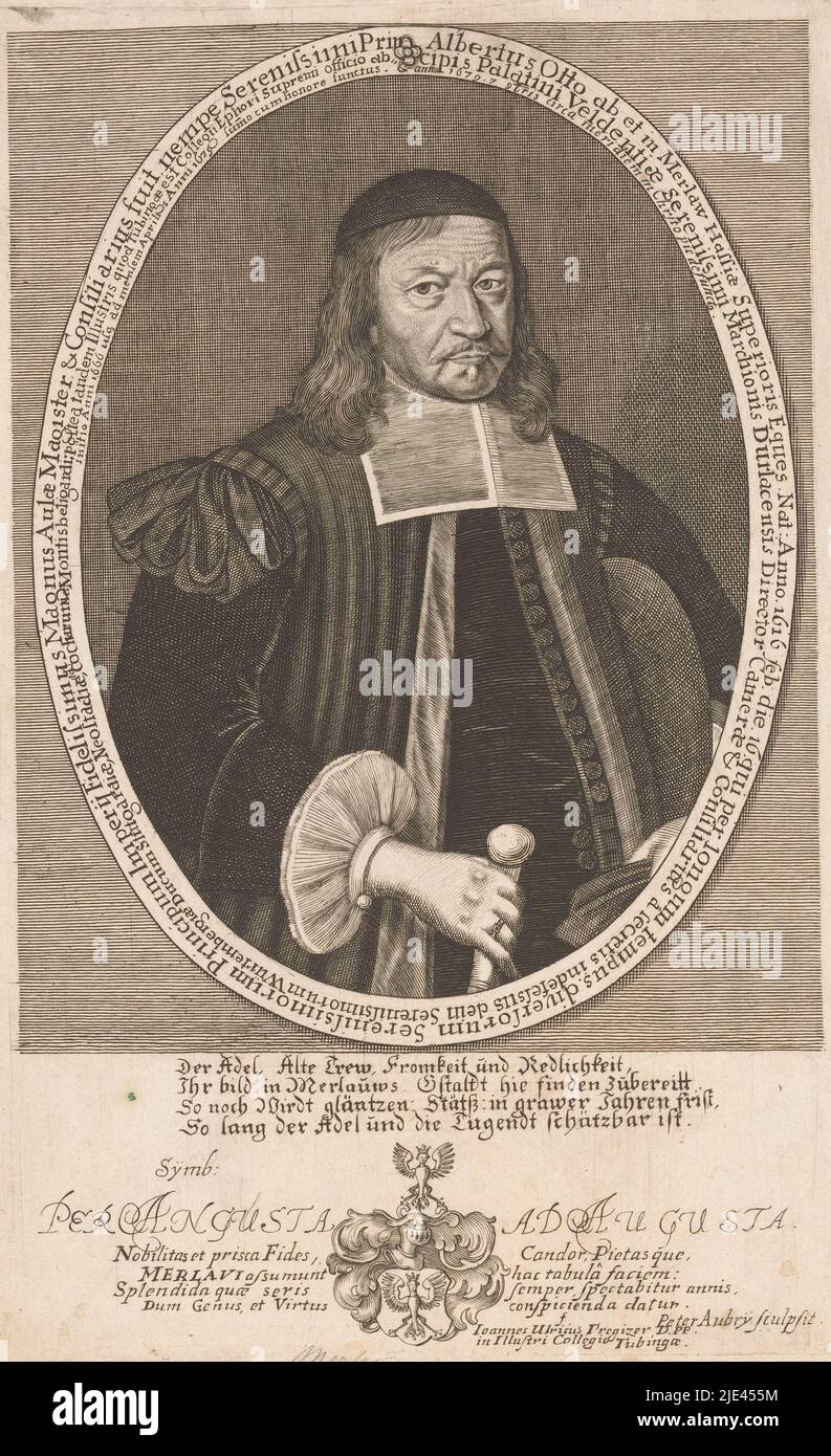 Ritratto di Albert otto von Merlaw, Peter Aubry (II), in o dopo il 1679 - in o dopo il 1686, tipografo: Peter Aubry (II), (menzionato sull'oggetto), Johann Ulrich Pregizer, (menzionato sull'oggetto), tipografo: Straatsburg, Tübingen, in o dopo 1679 - in o dopo 1686, carta, incisione, h 252 mm x l 158 mm Foto Stock