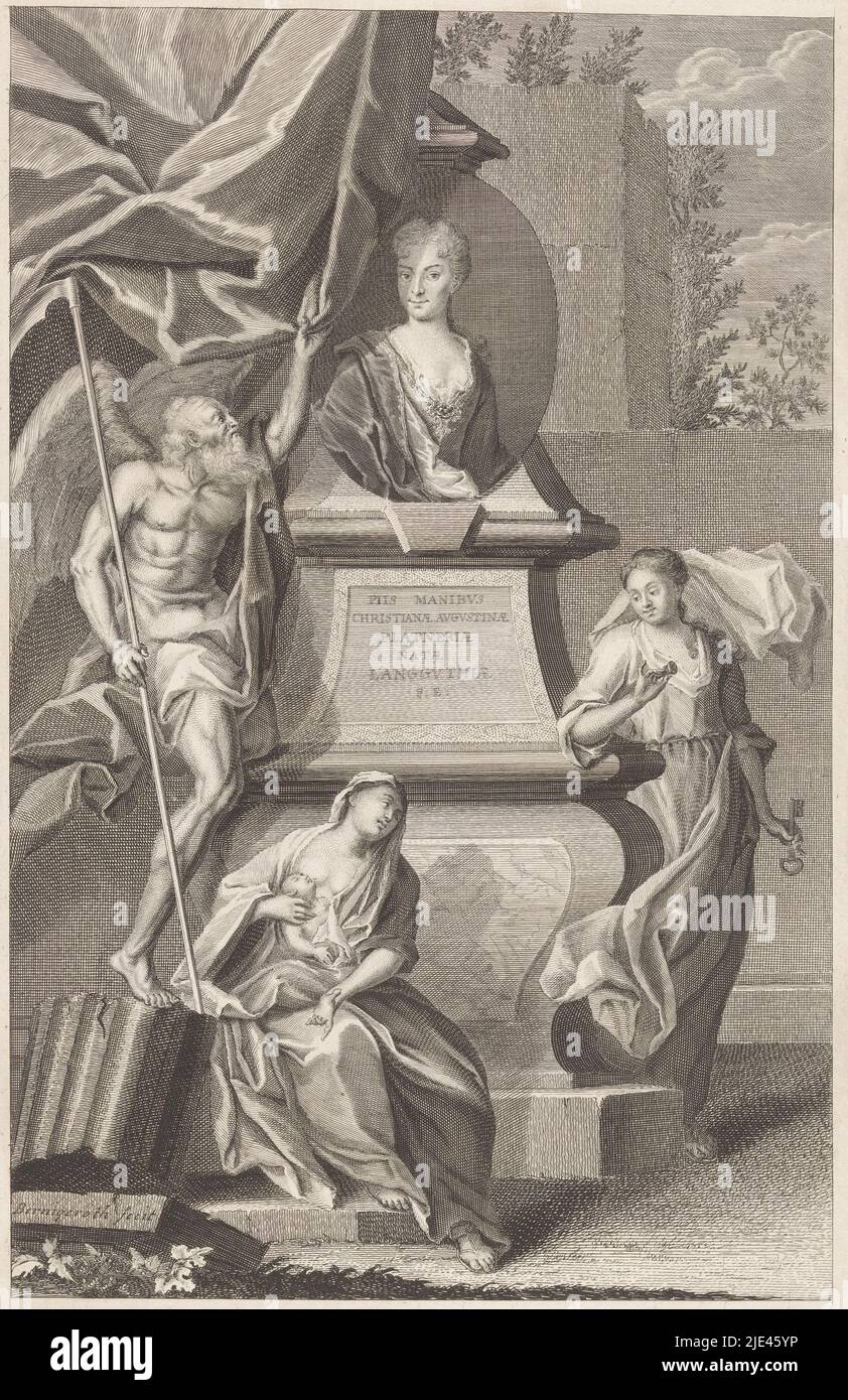 Ritratto di Christiane Augustine Platner, Martin Bernigeroth, Johann Martin Bernigeroth, 1680 - 1767, Ritratto su un monumento funerario con tre figure allegoriche: Padre tempo, Carità (Caritas) e fedeltà (Fides), tipografia: Martin Bernigeroth, (menzionato in oggetto), tipografia: Johann Martin Bernigeroth, (menzionato in oggetto), Lipsia, 1680 - 1767, paper, incisione, incisione, h 310 mm x l 203 mm Foto Stock