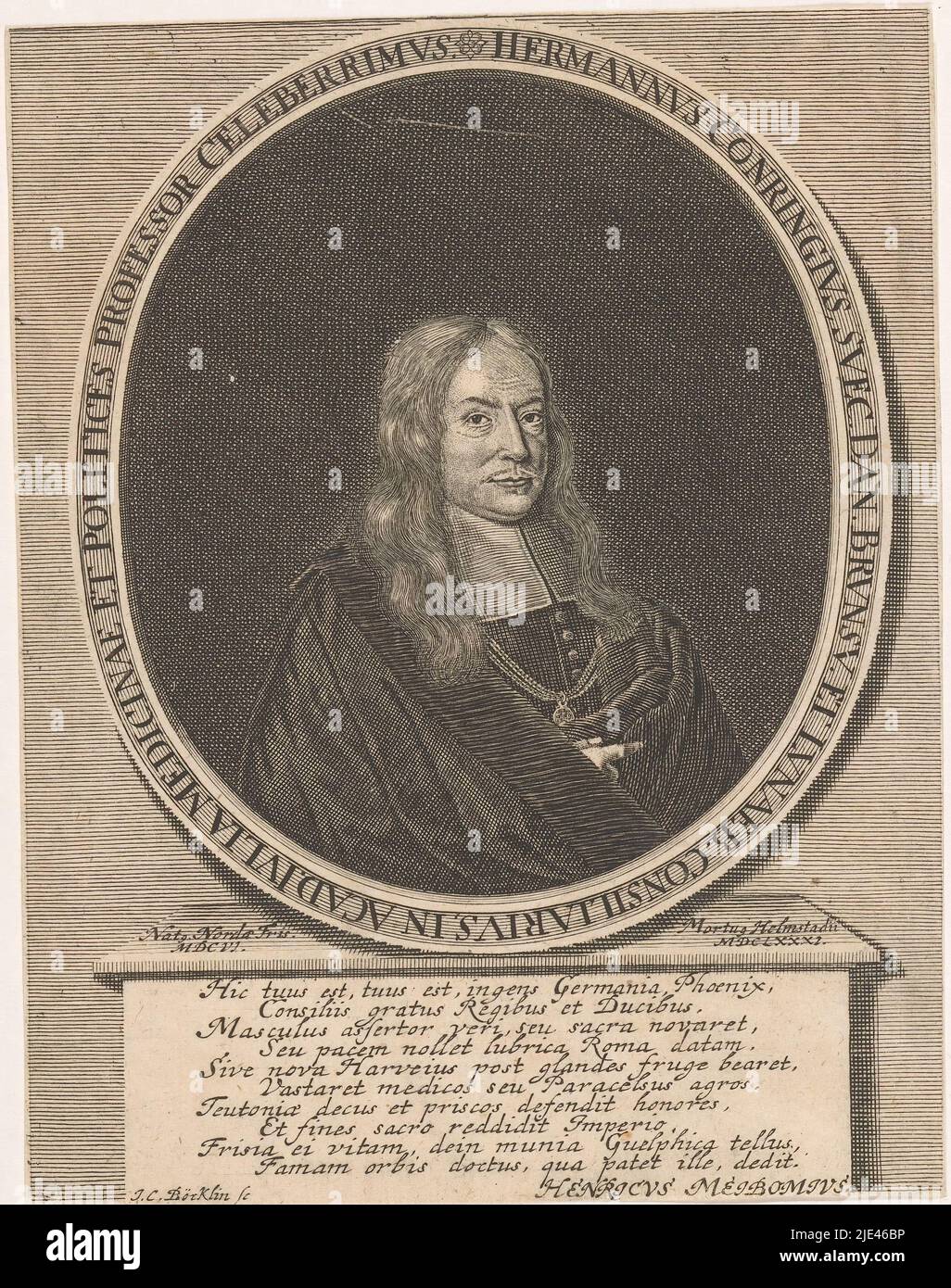 Ritratto di Hermann Conring, Johann Christoph Boecklin, 1681 - 1709, tipografo: Johann Christoph Boecklin, (menzionato sull'oggetto), Heinrich Meibom, (menzionato sull'oggetto), Lipsia, 1681 - 1709, carta, incisione, h 171 mm - l 133 mm Foto Stock