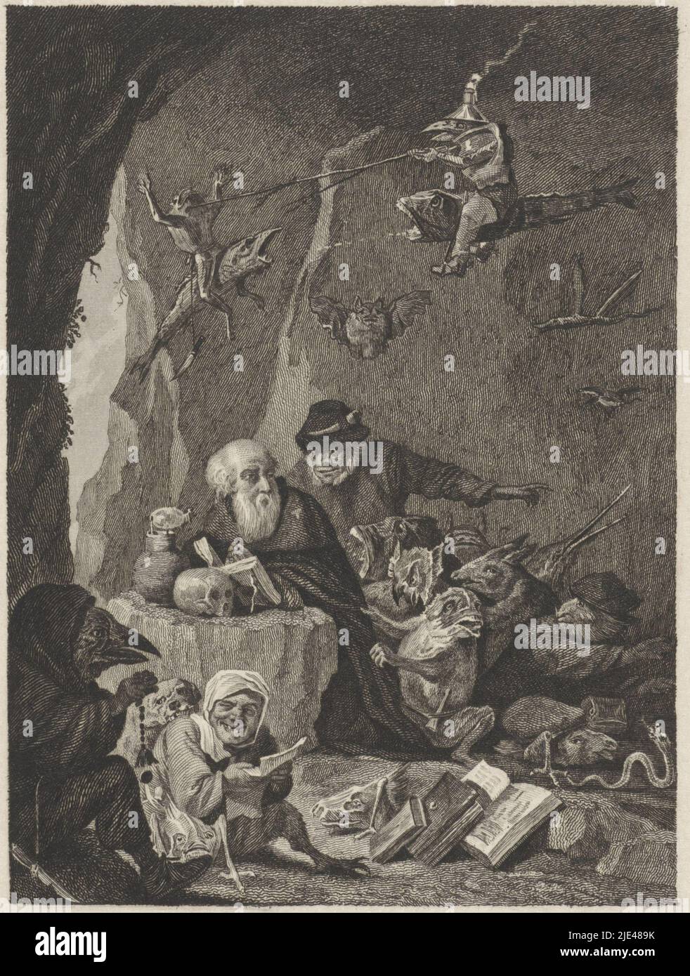La tentazione di Sant'Antonio, Dirk Jurriaan Sluyter, dopo David Teniers, nel 1840 o prima, Sant'Antonio si inginocchiò per pregare in una grotta. Su una roccia di fronte a lui giacciono un libro e un teschio. Intorno a lui, i demoni volano, camminano e si siedono sotto forma di animali dalla forma miracolosa o di persone con arti animali. Sul terreno si trovano libri., tipografia: Dirk Jurriaan Sluyter, dopo: David Teniers, Amsterdam, nel 1840 o prima, carta, incisione, incisione, h 165 mm x w 118 mm Foto Stock