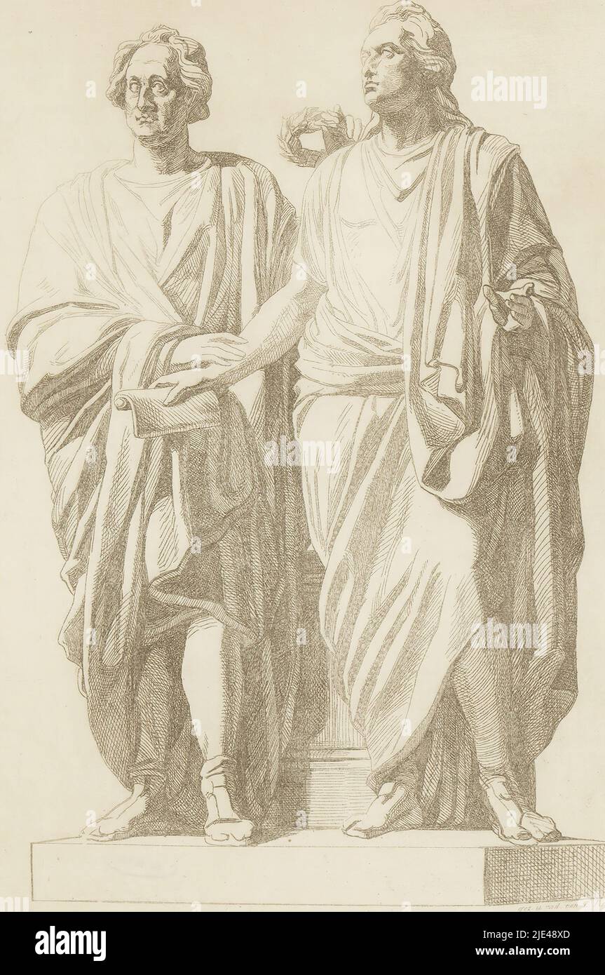 Disegno di una statua di Schiller-Goethe, Ludwig Pietsch, dopo Christian Daniel Rauch, 1855, stampatore: Ludwig Pietsch, (menzionato in oggetto), redatrice intermediaria: Ludwig Pietsch, (menzionato in oggetto), Christian Daniel Rauch, (menzionato in oggetto), 1855, carta, incisione, h 288 mm - l 217 mm Foto Stock