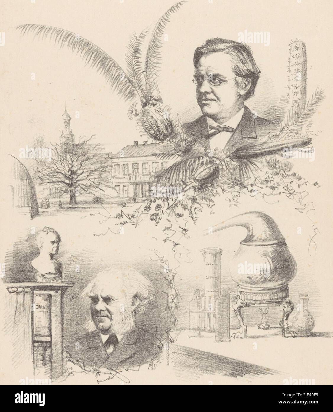 Quattro rappresentazioni riguardanti il congresso sulla natura e la medicina a Leiden, Theo van Hoytema, 1889, in alto un ritratto del Prof. Dr. W.F.R. Suringar; in fondo un ritratto del Prof. Dr. J.W. Sparare e un busto di Goethe. A sinistra l'hortus botanicus di Leiden; a destra un tavolo con vetreria da laboratorio., tipografia: Theo van Hoytema, (citato sull'oggetto), 1889, carta, h 278 mm x w 239 mm Foto Stock