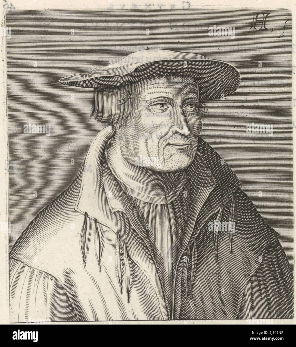 Ritratto di Sebastian Münster, Hendrick Hendius (i), 1599, Bust a destra di Sebastian Münster. Sotto il ritratto il suo nome e quattro righe in latino. Stampa da (parte 1 di) la serie di ritratti di famosi riformatori., tipografia: Hendrick Hendius (i), (menzionato sull'oggetto), Staten-Generaal, (menzionato sull'oggetto), l'Aia, 1599, carta, incisione, stampa su carta intestata, h 168 mm x l 121 mm Foto Stock