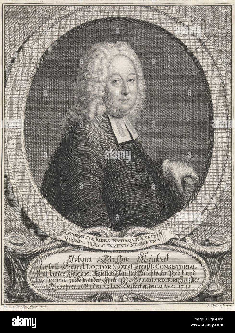 Ritratto di Johann Gustav Reinbeek, Pieter Tanjé, dopo Antoine Pesne, 1747, Ritratto di Johann Gustav Reinbeek, teologo tedesco. Sotto il ritratto una cartouche con il suo nome e titoli., tipografo: Pieter Tanjé, (menzionato sull'oggetto), dopo: Antoine Pesne, (menzionato sull'oggetto), Amsterdam, 1747, carta, incisione, incisione, incisione, h 226 mm x l 177 mm Foto Stock