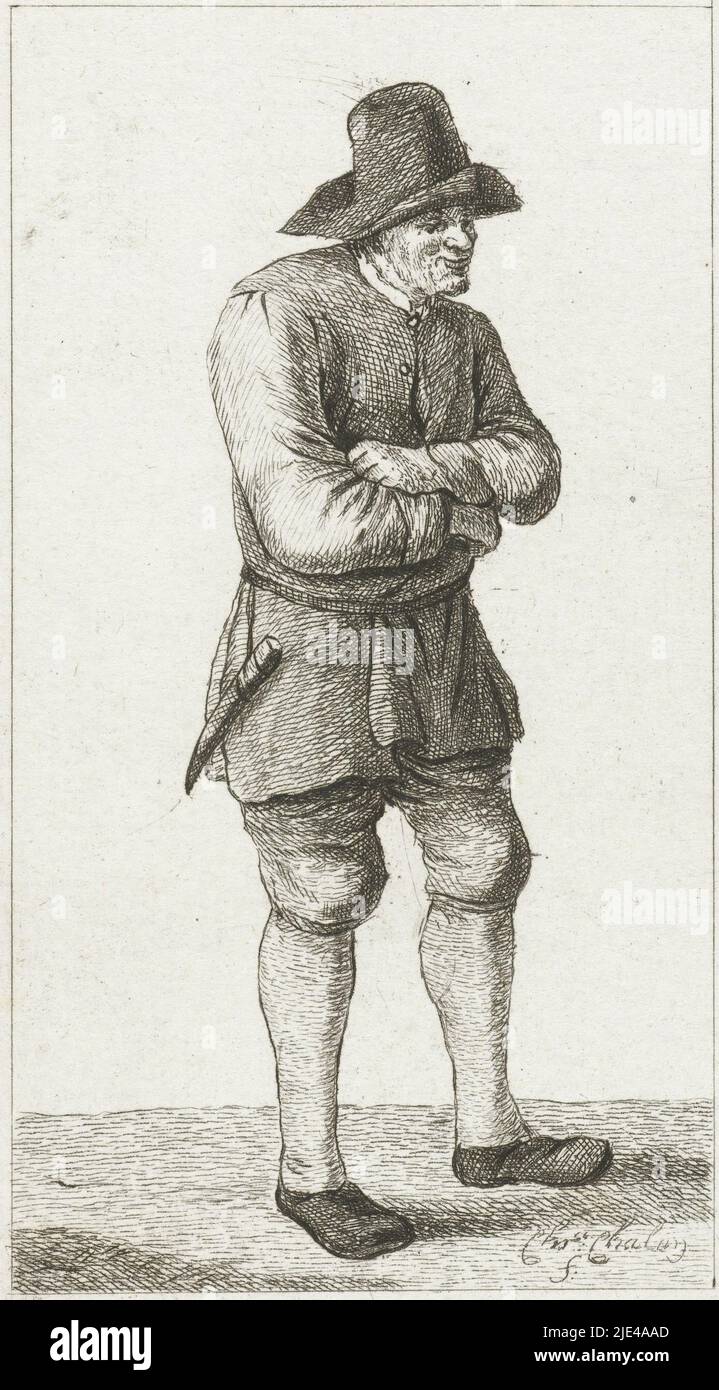 Uomo in piedi con le braccia incrociate, Pieter de Mare, dopo Christina Chalon, 1777 - 1779, un vecchio con un cappello. Ha le braccia incrociate e porta un coltello al suo fianco., tipografo: Pieter de Mare, disegnatore intermedio: Christina Chalon, (menzionato sull'oggetto), Leiden, 1777 - 1779, carta, incisione, h 129 mm x l 84 mm Foto Stock