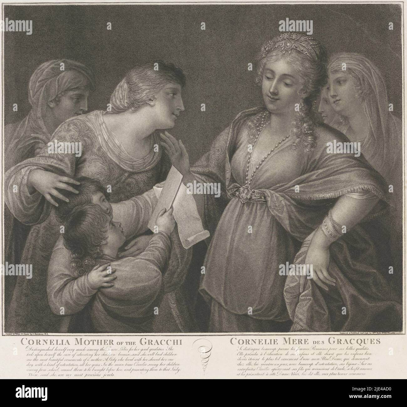 Cornelia madre del Gracchen, Marino Bovi, dopo Francesco Bartolozzi, dopo Tiziano, 1796, Cornelia Africana, figlia di Publio Cornelio Scipio Africano e moglie di Tiberio Sempronio Gracco, circondata da donne e bambini. In margine inferiore titolo e didascalia in inglese e francese., tipografo: Marino Bovi, (menzionato sull'oggetto), disegnatore intermedio: Francesco Bartolozzi, (menzionato sull'oggetto), dopo: Titiaan, (menzionato sull'oggetto), tipografo: Londra, Relatore intermedio: Italia, dopo: Italia, editore: Londra, 1796, paper, incisione, a 475 mm x l 492 mm Foto Stock