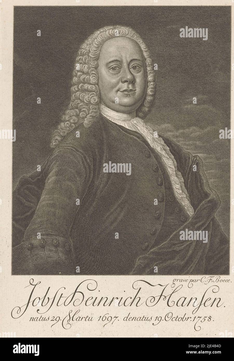 Ritratto di Jobst Heinrich Hansen, Christian Friedrich Boëtius, 1758 - 1782, tipografo: Christian Friedrich Boëtius, (menzionato sull'oggetto), Dresda, 1758 - 1782, carta, incisione, h 219 mm - l 154 mm Foto Stock