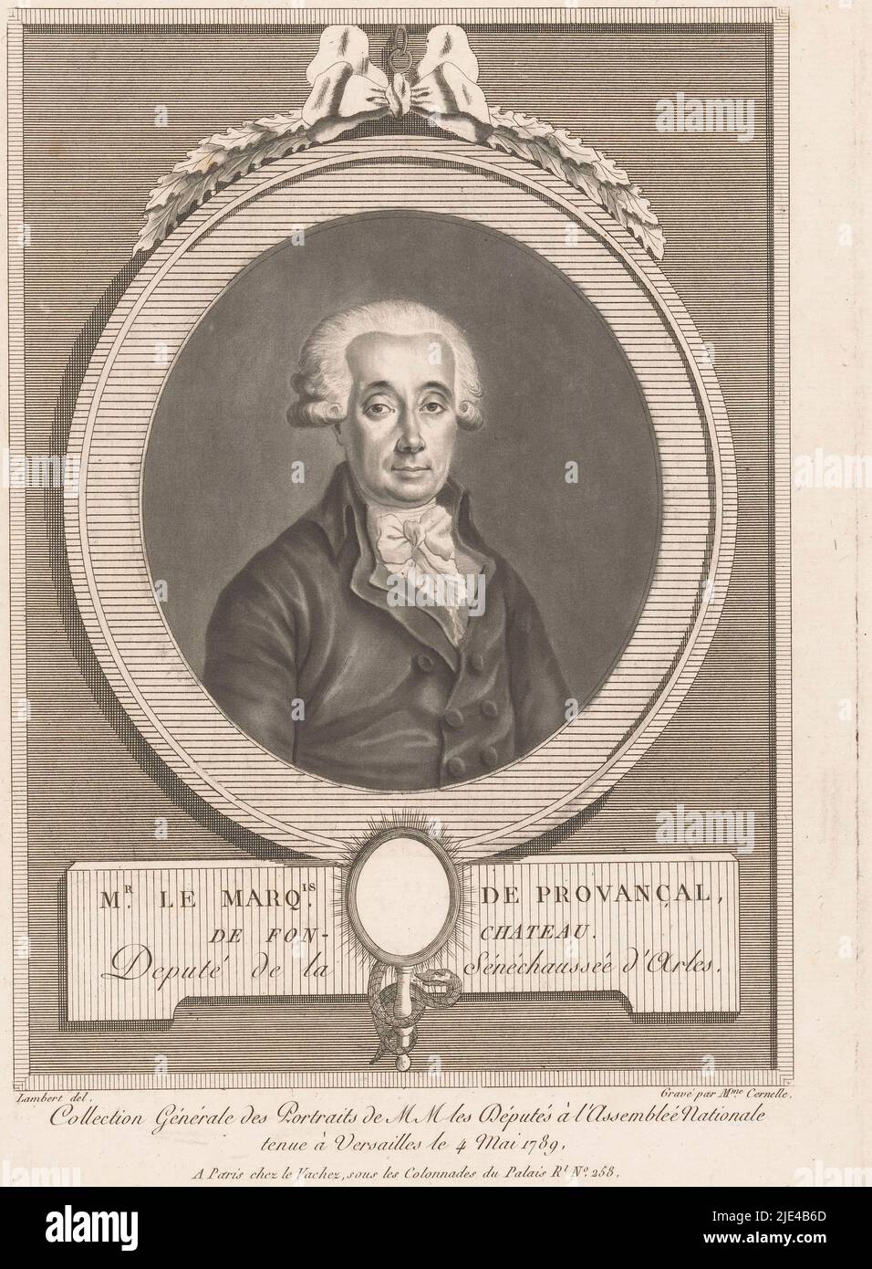 Ritratto di Conrad de Provanal de Fontchâteau, il marchese di Provencal, Marie Jeanne Louise Francoise Suzanne Champion de Cernel, dopo Lambert, 1791, tipografia: Marie Jeanne Louise Francoise Suzanne Champion de Cernel, (menzionato sull'oggetto), disegnatore intermediario: Lambert, (menzionato sull'oggetto), editore: Nicolas-Francois le Vachez, (menzionato sull'oggetto), tipografia: Francia, editore: Paris, 1791, carta, incisione, h 241 mm - l 174 mm Foto Stock