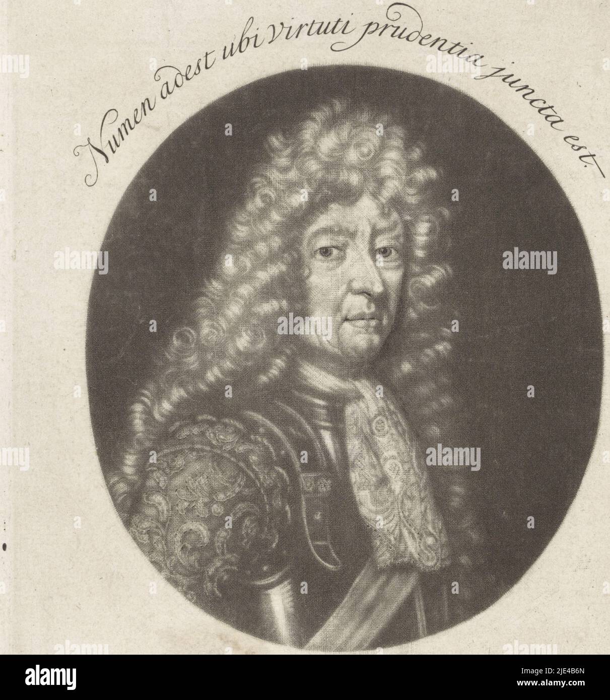Ritratto di Friedrich Arnaud Duca di Schomberg, Pieter Schenk (i), 1670 - 1711, il Signore campo Friedrich Arnaud Duca di Schomberg. Indossa un'armatura. Al margine una poesia di lode per le sue abilità di combattimento., tipografo: Pieter Schenk (i), (menzionato sull'oggetto), Jan Norel, (menzionato sull'oggetto), editore: Pieter Schenk (i), (menzionato sull'oggetto), Amsterdam, 1670 - 1713, carta, incisione, a 183 mm x l 138 mm Foto Stock