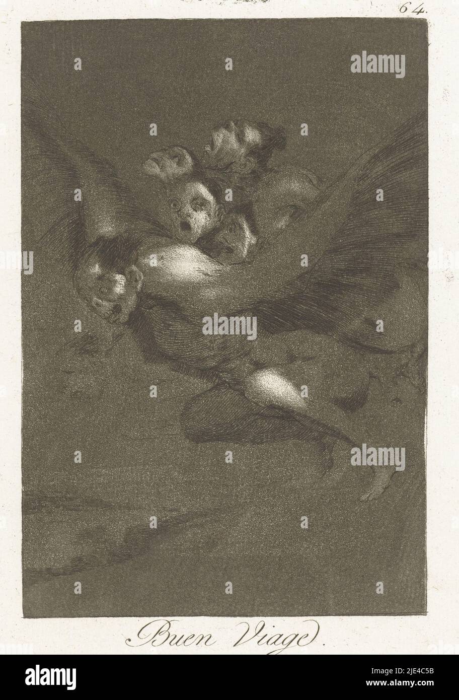 Good Journey, Francisco de Goya, 1797 - 1799, un diavolo con diversi diavoli sulla schiena, vola per tutta la notte. Sessantaquattresima stampa della serie Los Caprichos, tipografia: Francisco de Goya, Francisco de Goya, Spagna, 1797 - 1799, carta, incisione, h 215 mm x l 151 mm Foto Stock