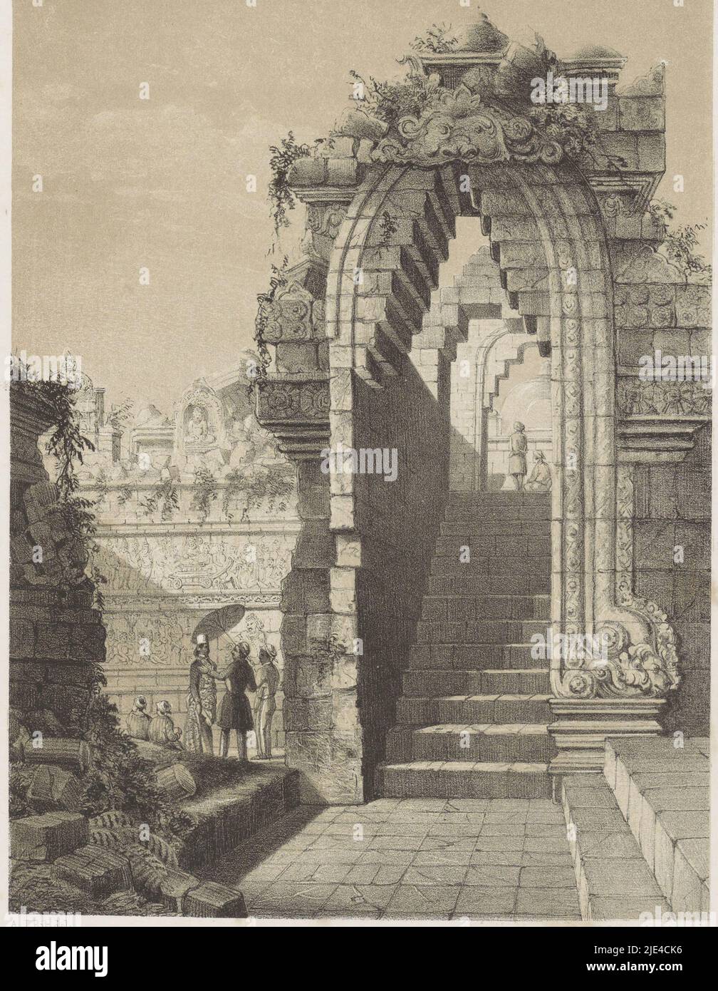 Rovine di Borobudur, Adrianus Johannes Bik, 1809 - 1872, rovine del santuario di Borobudur nei pressi di Yogyakarta. Alcune figure camminano tra le rovine. Al centro si trova una scala, coperta da un arco a punta. A sinistra, un nobile è protetto dal sole da un servo con un ombrellone. Il tempio è dilapidato e parzialmente cresciuto con piante., tipografo: Adrianus Johannes Bik, (menzionato sull'oggetto), stampante: Koninklijke Nederlandse Steendrukkerij van C.W. Mieling, (citato in oggetto), l'Aia, 1809-1872, carta, h 365 mm - l 275 mm Foto Stock