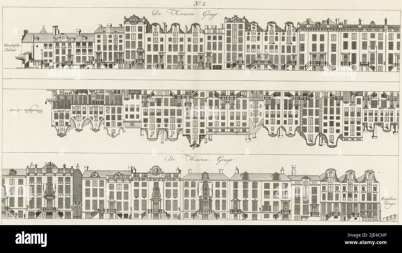 Facciate della casa sul Keizersgracht e l'Herengracht tra l'Utrechtsestraat e il Reguliersgracht, Caspar Jacobsz. Philips, 1768 - 1771, tipografo: Caspar Jacobsz. Philips, relatore intermedio: Caspar Jacobsz. Philips, editore: Bernardus Mourik, (citato in oggetto), Amsterdam, 1768 - 1771, carta, incisione, h 378 mm x l 486 mm Foto Stock