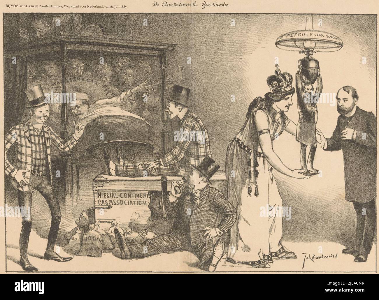 L'Amsterdam gas Issue, Johan Braakensiek, 1887, sulla sinistra, un uomo a letto che ha un incubo di idrogeno gas. Accanto a lui, gli uomini della Imperial Continental gas Association guardano contentamente. A destra, a un uomo viene consegnata una lampada a cherosene., tipografo: Johan Braakensiek, (menzionato sull'oggetto), 24-Jul-1887, carta, h 294 mm x w 439 mm Foto Stock