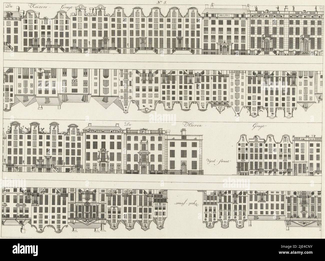 Facciate di file di case su Keizersgracht e Herengracht a Vijzelstraat, Caspar Jacobsz. Philips, 1768 - 1771, tipografo: Caspar Jacobsz. Philips, relatore intermedio: Caspar Jacobsz. Philips, editore: Bernardus Mourik, (citato in oggetto), Amsterdam, 1768 - 1771, carta, incisione, h 380 mm x l 491 mm Foto Stock