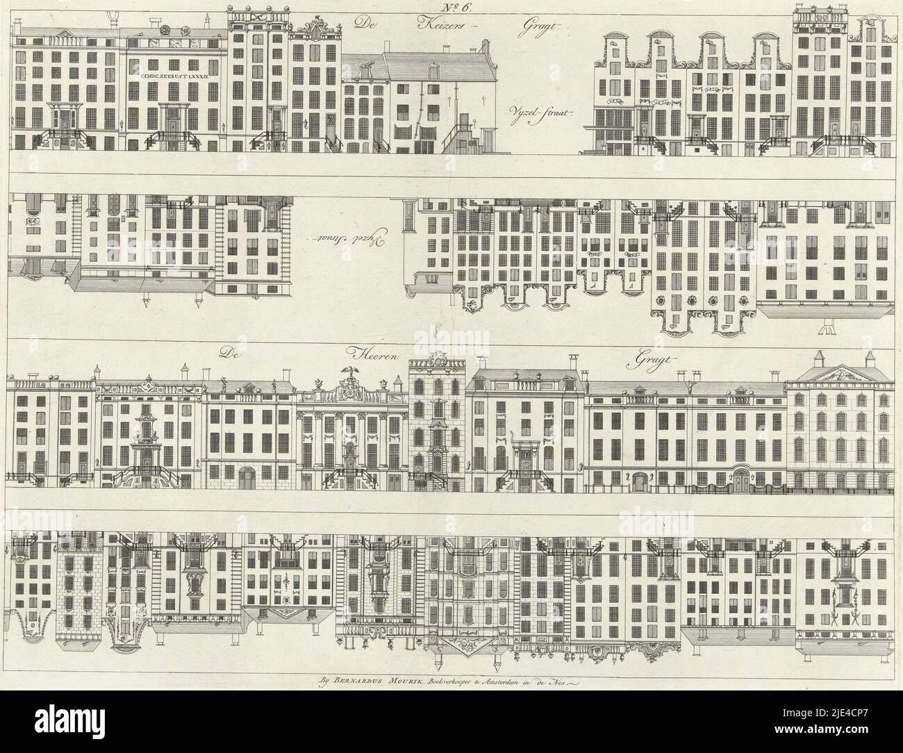 Facciate di file di case sul Keizersgracht alla Vijzelstraat e l'Herengracht, Caspar Jacobsz. Philips, 1768 - 1771, tipografo: Caspar Jacobsz. Philips, relatore intermedio: Caspar Jacobsz. Philips, editore: Bernardus Mourik, (citato in oggetto), Amsterdam, 1768 - 1771, carta, incisione, h 378 mm x l 487 mm Foto Stock