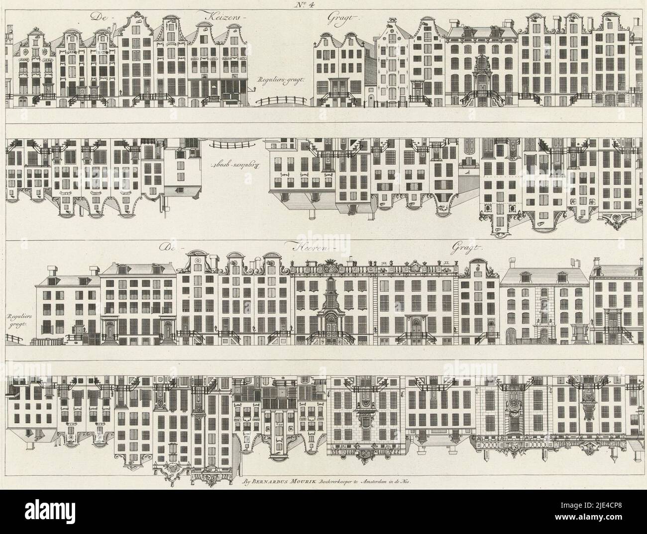Facciate di file di case sul Keizersgracht al Reguliersgracht e l'Herengracht al Reguliersgracht, Caspar Jacobsz. Philips, 1768 - 1771, tipografo: Caspar Jacobsz. Philips, relatore intermedio: Caspar Jacobsz. Philips, editore: Bernardus Mourik, (citato in oggetto), Amsterdam, 1768 - 1771, carta, incisione, h 379 mm x l 491 mm Foto Stock