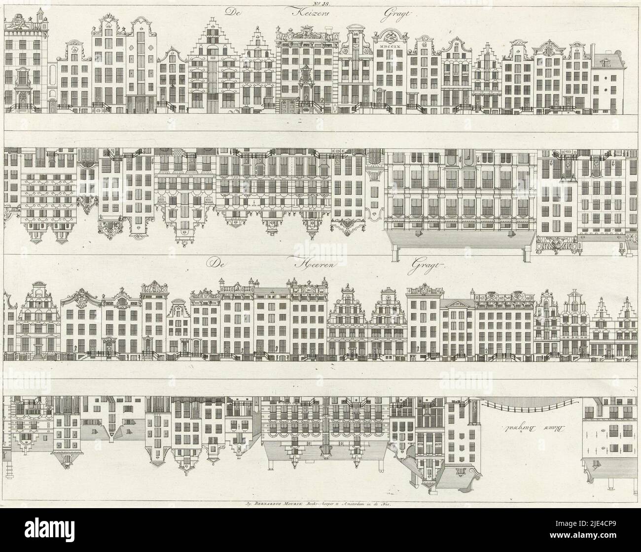 Facciate di file di case sul Keizersgracht e l'Herengracht al Blauwburgwal, Caspar Jacobsz. Philips, 1768 - 1771, tipografo: Caspar Jacobsz. Philips, relatore intermedio: Caspar Jacobsz. Philips, editore: Bernardus Mourik, (citato in oggetto), Amsterdam, 1768 - 1771, carta, incisione, h 377 mm x l 486 mm Foto Stock