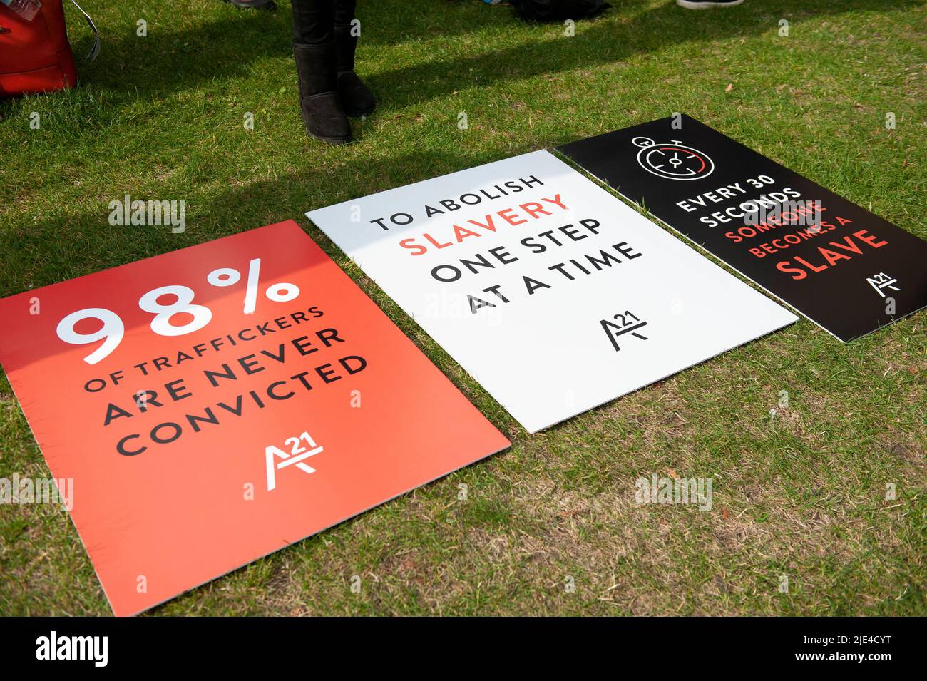 La campagna di protesta del A21 a Londra, un evento globale per sensibilizzare e finanziare la lotta contro la tratta di esseri umani e la schiavitù moderna. Foto Stock