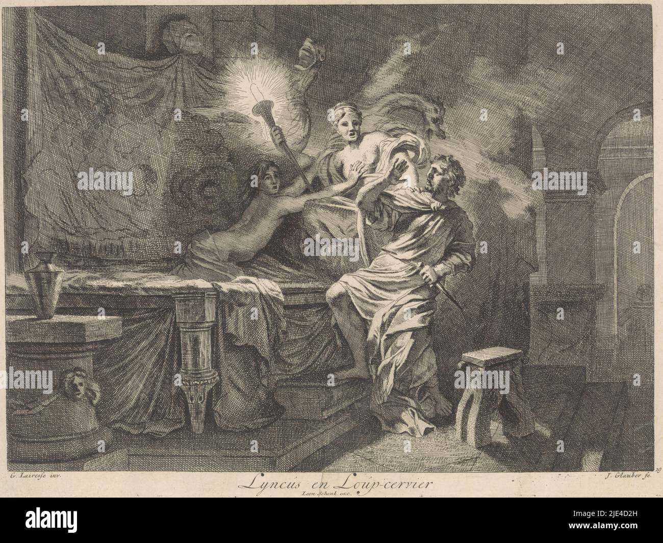 Ceres impedisce l'assassinio di Trittolemo, Johannes Glauber, dopo Gerard de Lairesse, 1656 - 1726, nella notte, re Lynkos di Skytia tenta di uccidere il giovane Trittolemo nel suo sonno. Ceres impedisce questo e poi trasforma Lynkos in una lynx. Sullo sfondo i tre draghi di Trittolemo. La stampa fa parte di una serie di rappresentazioni bibliche, mitologiche e allegoriche, tipografiche: Johannes Glauber, (menzionato sull'oggetto), Gerard de Lairesse, (menzionato sull'oggetto), editore: Leonard Schenk, (menzionato sull'oggetto), sconosciuto, 1656 - 1726, carta, incisione, l 377 mm x a 280 mm Foto Stock