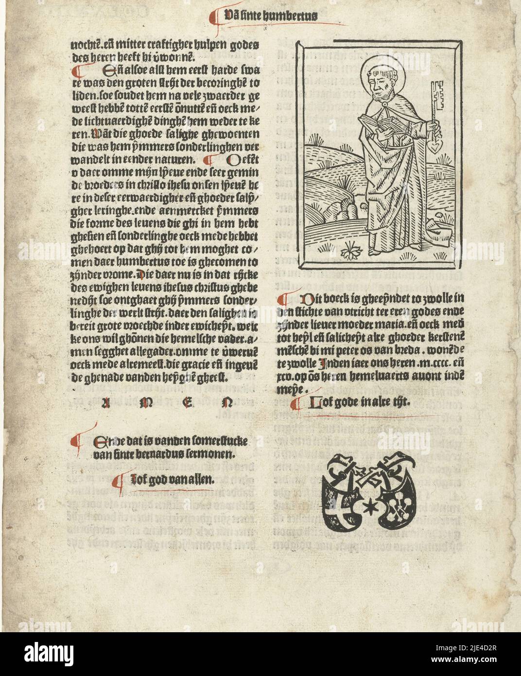 San Pietro, anonimo, 1495, foglia da un libro, con due colonne di testo stampato. Nella colonna di destra un'immagine di Pietro con chiave e libro. In basso a destra due stemmi., stampatore: anonimo, Paesi bassi, 1495, carta, a 88 mm x l 64 mm Foto Stock