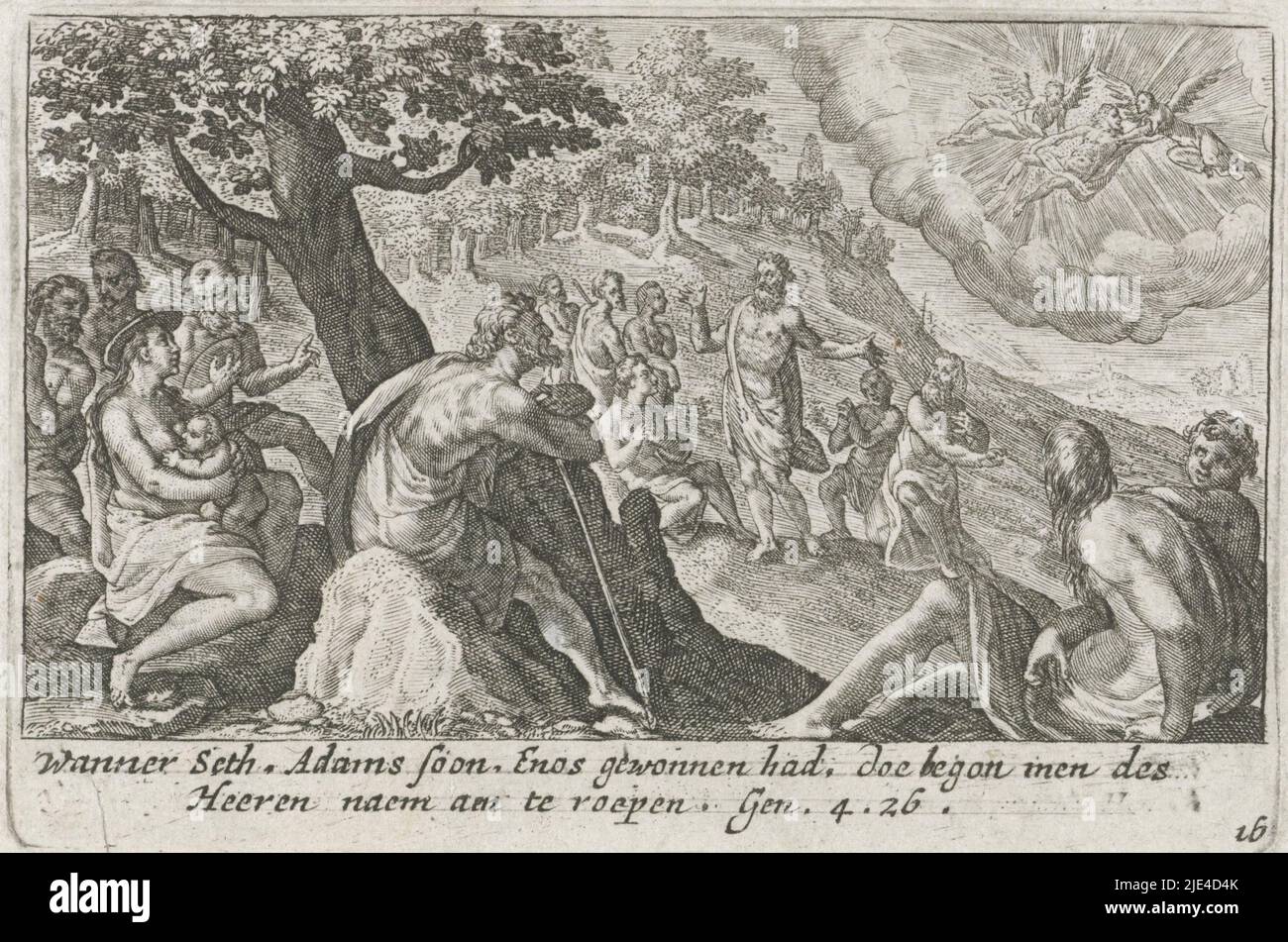 La gente chiama Dio, Crispijn van de Passe (i), 1700 - 1750, quando Set aveva un figlio, che chiamava Enos, la gente cominciò a invocare il nome di Dio. Nel margine una didascalia a due righe in olandese., tipografia: Crispijn van de Passe (i), editore: Isaac Greve, tipografia: Utrecht, editore: Amsterdam, 1700 - 1750, carta, incisione, h 81 mm x l 122 mm Foto Stock