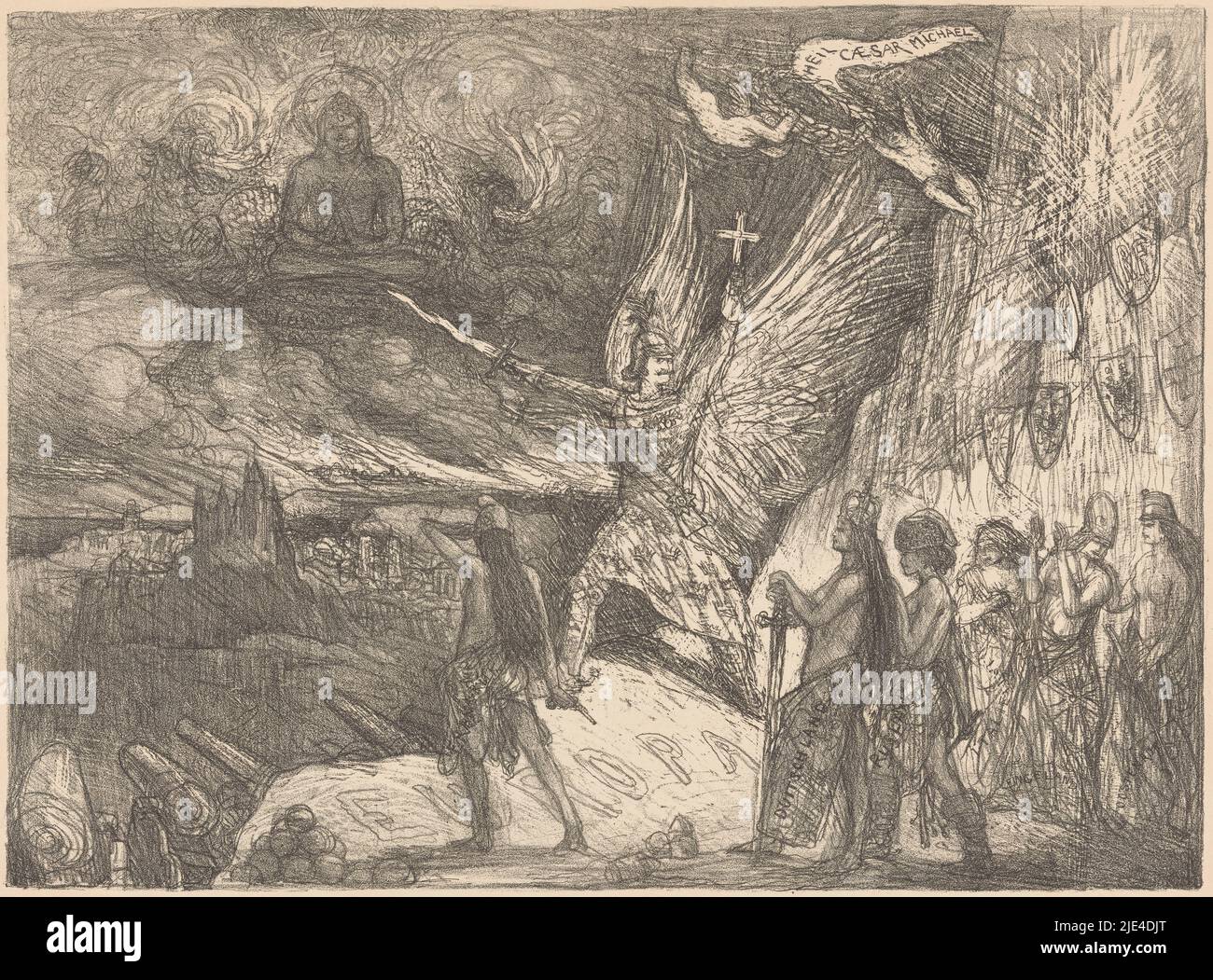 Hard Times (una stampa imperiale), Marius Bauer, 1895, Cartoon sul ruolo di leadership del Kaiser Wilhelm II tedesco nella costruzione di una nuova Europa. Wilhelm, come l'Arcangelo Michele, invita le altre nazioni europee a seguirlo nella costruzione delle rovine dell'Europa. Nel cielo un'immagine di Buddha e draghi cinesi simboleggiano la minaccia asiatica percepita dall'Oriente. Apparso nel 24 novembre 1895 inserto di 'The Chronicle., tipografia: Marius Bauer, 24-Nov-1895, carta, h 340 mm x w 460 mm Foto Stock