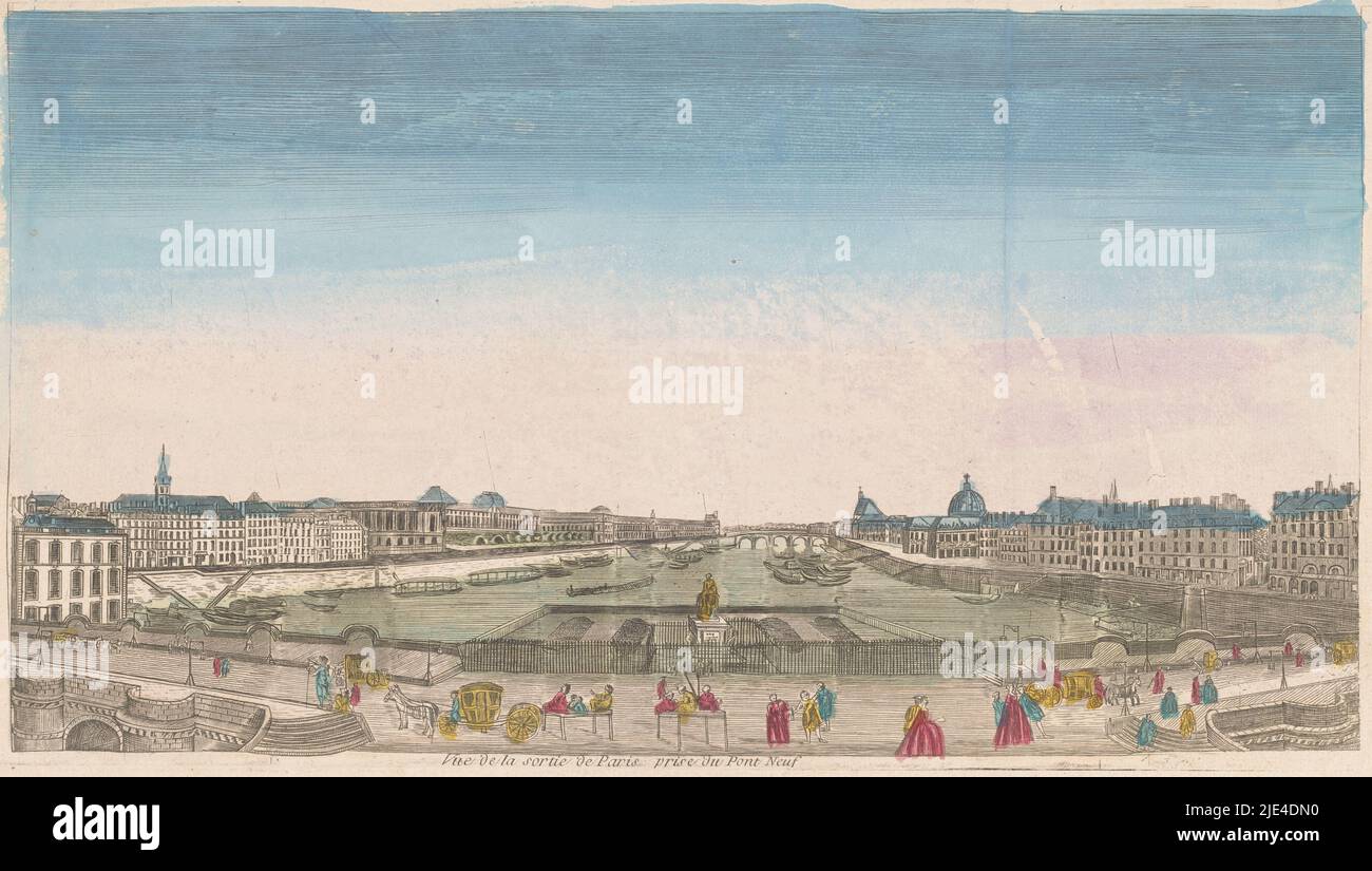 Vista del Pont Neuf sul fiume Senna a Parigi, visto verso il Pont Royal, anonimo, 1700 - 1799, editore: anonimo, tipografo: anonimo, 1700 - 1799, carta, incisione, pennello, h 248 mm x l 448 mm Foto Stock