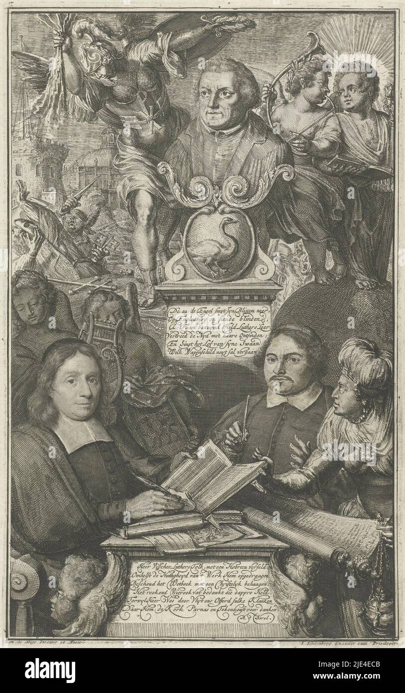 Rappresentazione allegorica con Martin Lutero, Romeyn de Hooghe, 1703, rappresentazione allegorica con Martin Lutero. Busto di Martin Lutero con il testo qui sotto. Sotto busti di Adolphus Visscher e Henricus Vos, anche con testo. Sul testo della stampa letterale della pagina inversa., stampatore: Romeyn de Hooghe, (menzionato sull'oggetto), Romeyn de Hooghe, (menzionato sull'oggetto), Roelof Norel, (Citato in oggetto), Paesi Bassi, 1703, carta, incisione, incisione, a 332 mm x l 189 mm Foto Stock