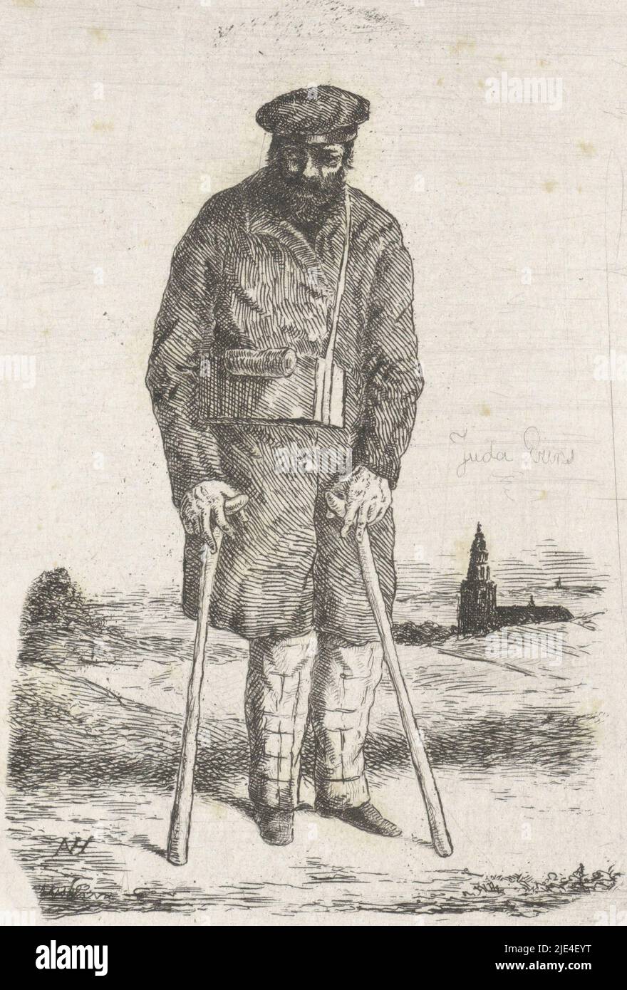 Uomo su sgabelli, Alexander Ver Huell, 1832 - 1897, un uomo su sgabelli in un paesaggio con una chiesa sullo sfondo., creatore di stampa: Alexander Ver Huell, (menzionato sull'oggetto), Paesi Bassi, 1832 - 1897, carta, incisione, h 145 mm - l 83 mm Foto Stock