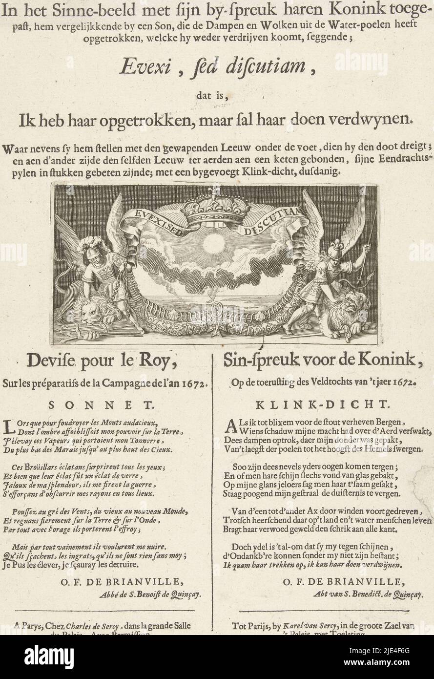 Allegoria francese in cui Luigi XIV si paragona al sole, 1672, anonimo, dopo Sébastien Leclerc (i), 1672, versione olandese di un originale foglio francese che giustifica la guerra con i Paesi Bassi. Con una spiegazione dell'allusione al re francese paragonandosi al sole e conquistando il Leone olandese (FMH n. 2331A). Sotto la rappresentazione il versetto francese, e la traduzione olandese, sui preparativi fatti dai francesi per la campagna nel 1672. Il foglio è firmato con il nome 'Phaëton. L'emblema originale francese è stato realizzato da Sebastien le Clerc., tipografo: anonymous Foto Stock