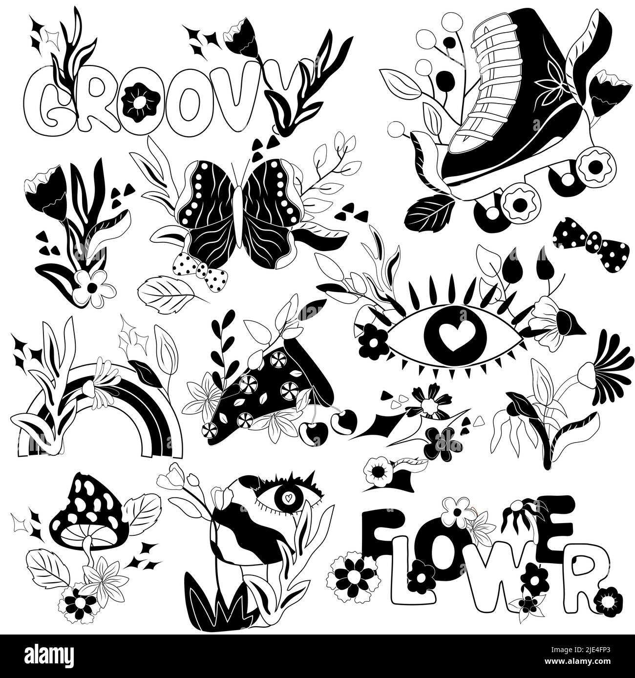 Groovy retrò elementi in bianco e nero 70s, roller skate, pizza, fiori e funghi, farfalla e congedo e altri. Stile hippy vintage bianco e nero. Illustrazione vettoriale. Illustrazione Vettoriale