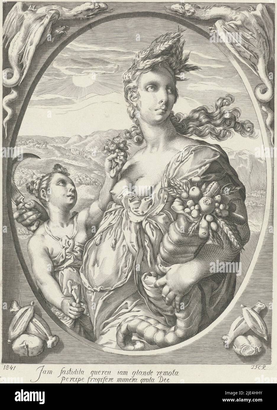 Ceres e Proserpina, Jan Frederik Christiaan Reckleben, dopo Jan Saenredam, dopo Hendrick Goltzius, 1841, Ceres, dea dell'agricoltura, come l'incarnazione dell'abbondanza della terra. Lei è adornata con una corona di spighe di mais e ha il corno di abbondanza nel suo braccio e una falce in mano. Accanto a lei c'è sua figlia Proserpina. Gli angoli della cornice mostrano due draghi e prodotti agricoli., tipografia: Jan Frederik Christiaan Reckleben, (menzionato sull'oggetto), Jan Saenredam, Hendrick Goltzius, tipografia: Amsterdam, Haarlem, 1841, carta, incisione, h 290 mm x l 218 mm Foto Stock