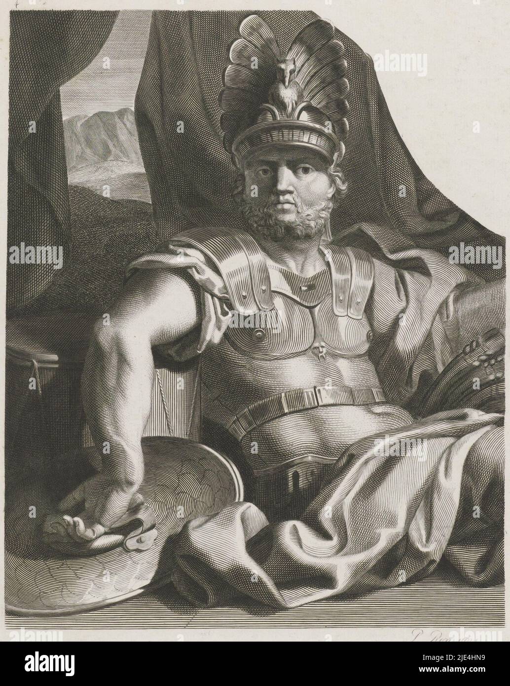 Guerriero romano, Pieter Romans, 1832, Un guerriero romano (forse Marte) si siede a terra in armatura., stampatore: Pieter Romans, (menzionato sull'oggetto), Amsterdam, 1832, carta, incisione, a 396 mm x l 258 mm Foto Stock