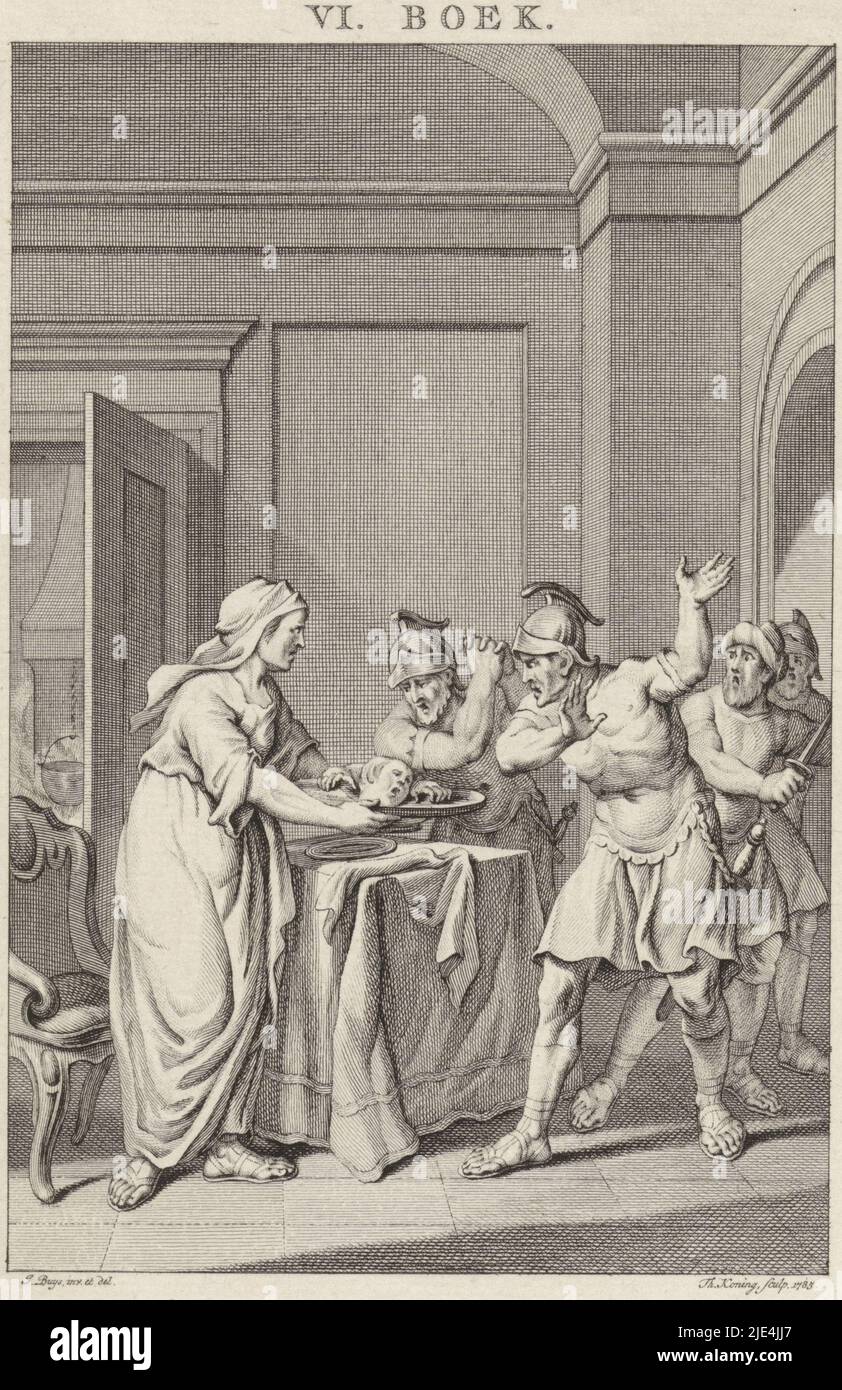 Una madre offre il suo bambino morto come pasto, Theodor Koning, dopo che Jacobus acquista, 1785, in una stanza, una donna offre a quattro soldati un piatto, contenente la testa e le mani del suo bambino, come un pasto. Ha già mangiato parte della bambina stessa. Questa stampa è un'illustrazione per il ventunesimo capitolo del sesto libro di 'tutte le opere di Flavio Josephus., tipografia: Theodor Koning, (menzionato sull'oggetto), Jacobus buys, (menzionato sull'oggetto), Amsterdam, 1785, carta, incisione, h 229 mm x l 148 mm Foto Stock