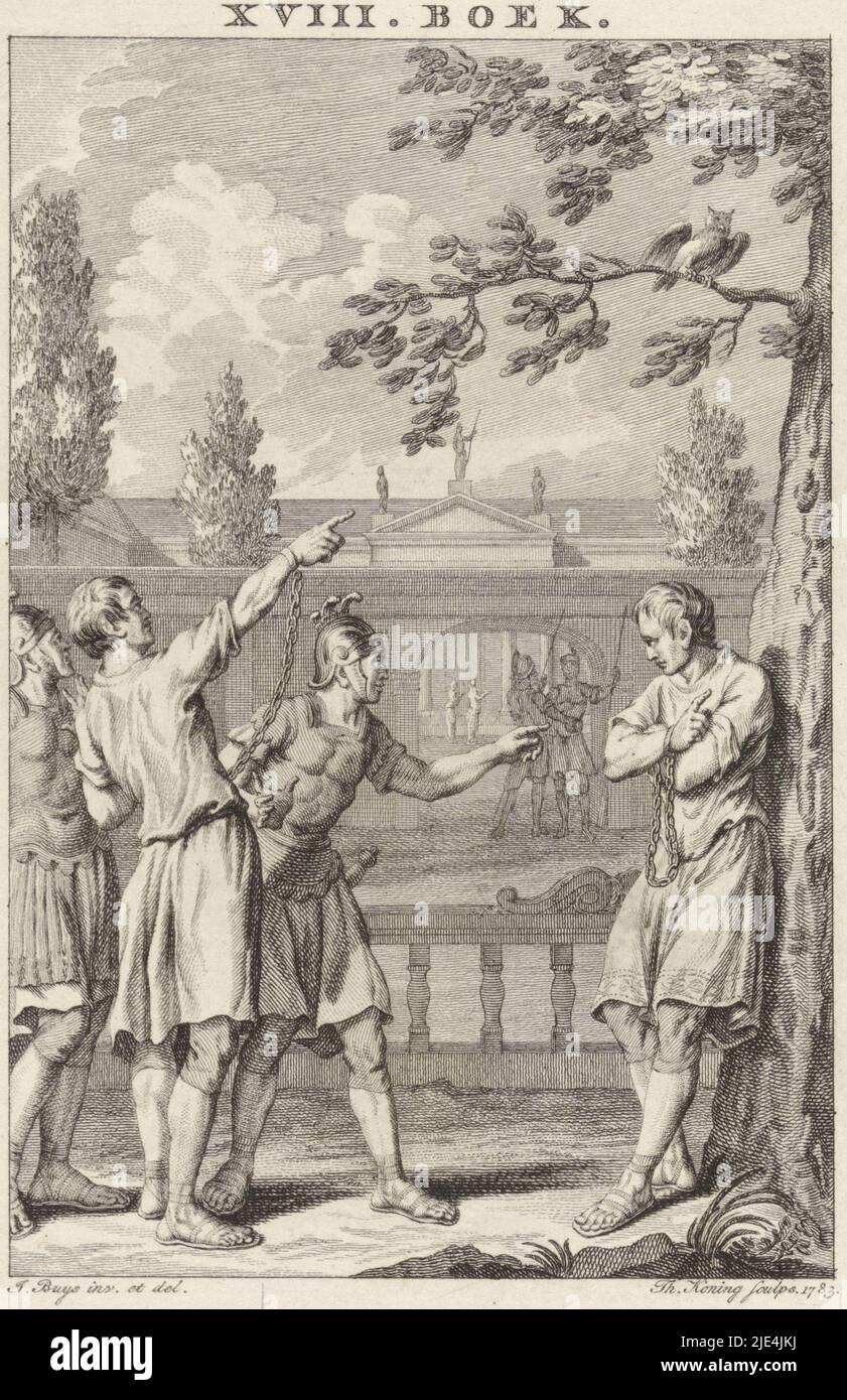 Previsione della Fortuna di Agrippa, Theodor Koning, dopo che Jacobus acquistò, 1783, l'Agrippa (nipote di Erode il Grande) si appoggia pensierosamente contro un albero su cui siede un gufo. Un altro prigioniero tedesco punta al gufo e gli dice che Agrippa presto riconquisterà la sua libertà e condurrà una vita felice. Inoltre, il tedesco dice che Agrippa ha solo cinque giorni di vita quando il gufo appare di nuovo. Questa stampa è un'illustrazione per l'ottavo capitolo del diciottesimo libro di 'tutte le opere di Flavio Josephus., tipografo: Theodor Koning, (menzionato sull'oggetto), Jacobus acquista, (menzionato sopra Foto Stock