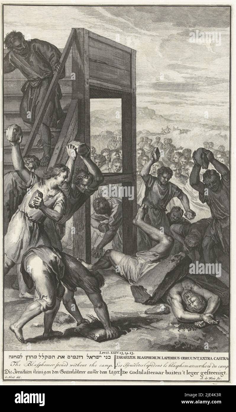 L'uomo che bestemmiava il nome di Dio è lapidato, Abraham de Blois, dopo Gerard Hoet (i), 1720 - 1728, un uomo che bestemmiava il nome di Dio con una maledizione, figlio di Scelomita, è lapidato dagli Israeliti (Levitico 24:10-23). Sotto l'immagine è il titolo in sei lingue., stampatore: Abraham de Blois, (menzionato sull'oggetto), disegnatore intermediario: Gerard Hoet (i), (menzionato sull'oggetto), editore: Pieter de Hondt, stampatore: Amsterdam, editore: L'Aia, 1720 - 1728, carta, incisione, a 358 mm x l 220 mm Foto Stock