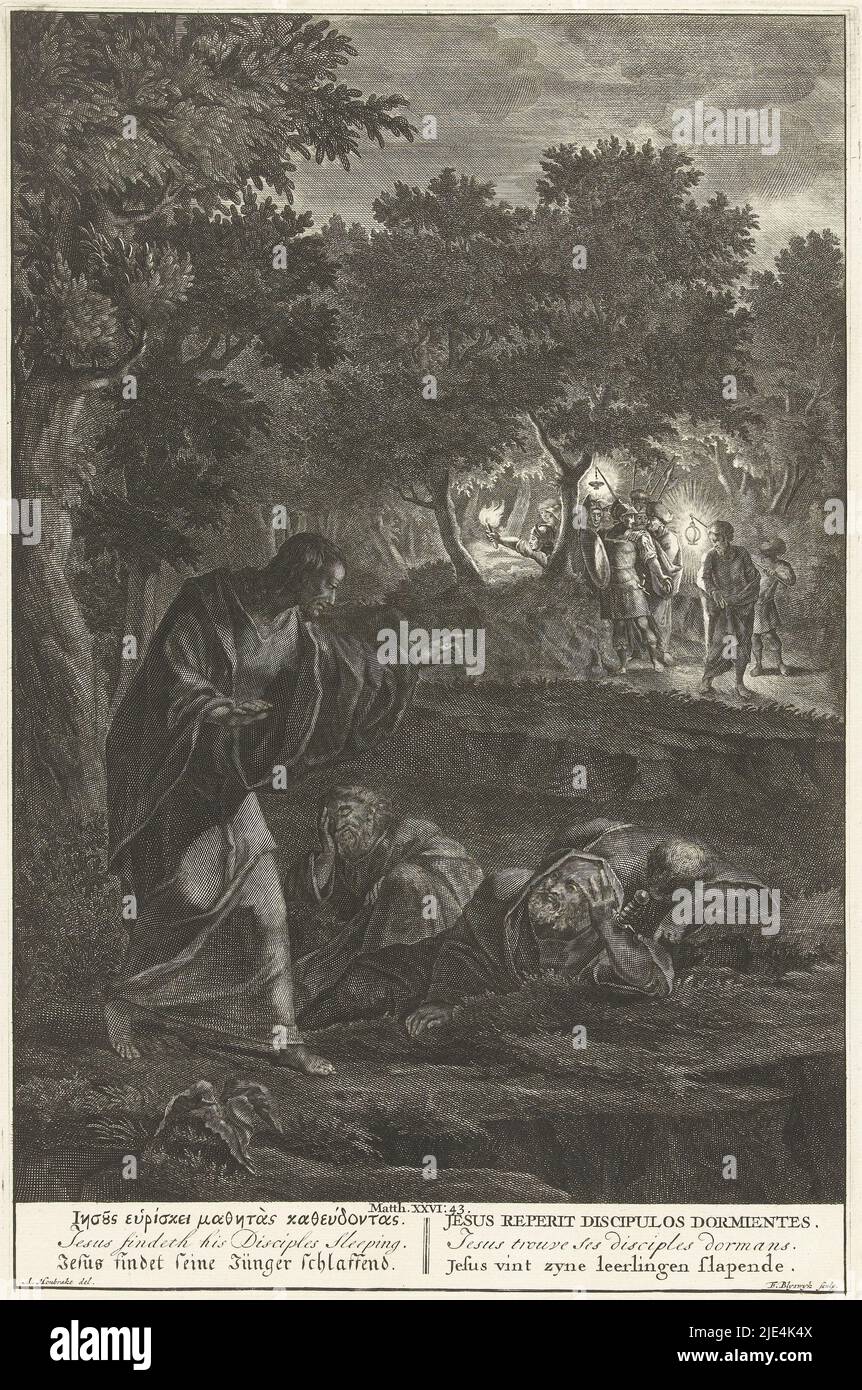 Cristo nel Giardino degli Ulivi, Francesco van Bleyswijck, dopo Arnold Houbraken, 1728, Cristo sveglia i suoi apostoli addormentati e li esorta a rimanere svegli e pregare sul Monte degli Ulivi. In lontananza, i soldati stanno già cercando al buio con lanterne. Sotto la stampa, in sei lingue, c'è una linea dal testo biblico Matteo 26:43, tipografo: Francois van Bleyswijck, (menzionato sull'oggetto), disegnatore intermedio: Arnold Houbraken, (menzionato sull'oggetto), editore: Pieter de Hondt, Leiden, 1681 - 1728 e/o 1728, carta, incisione, h 350 mm x 231 mm Foto Stock