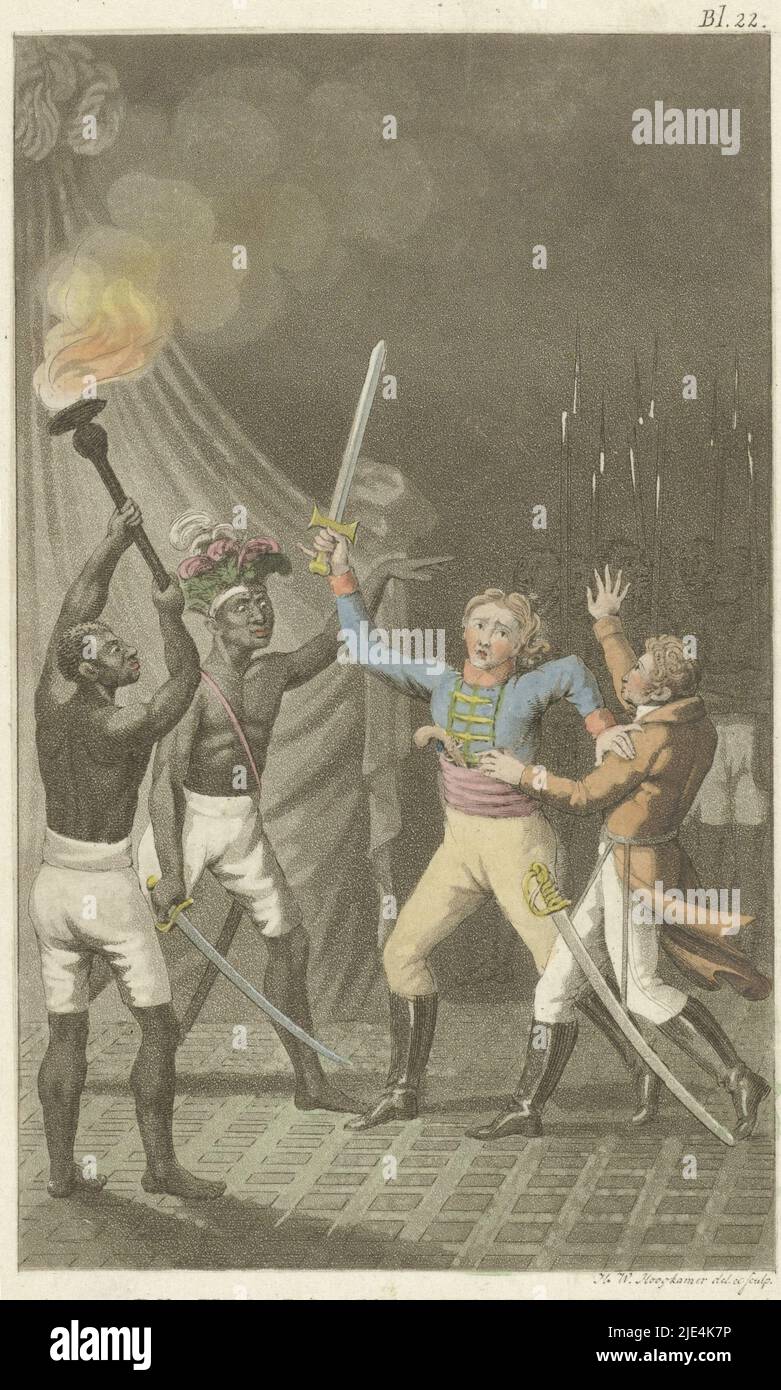 Due figure con spade vicino a due uomini neri, Willem Hendrik Hoogkamer, 1820, Illustrazione del libro per: L'eroina Antoinette Berg, in: Museo Des Buitengewonen en Wondervollen,: Contenendo gli eventi allineare dalla nostra età., creatore di stampa: Willem Hendrik Hoogkamer, (menzionato sull'oggetto), Willem Hendrik Hoogkamer, editore: Cornelis Ludovicus Schleijer, Amsterdam, 1820, carta, incisione, a 155 mm x l 95 mm Foto Stock