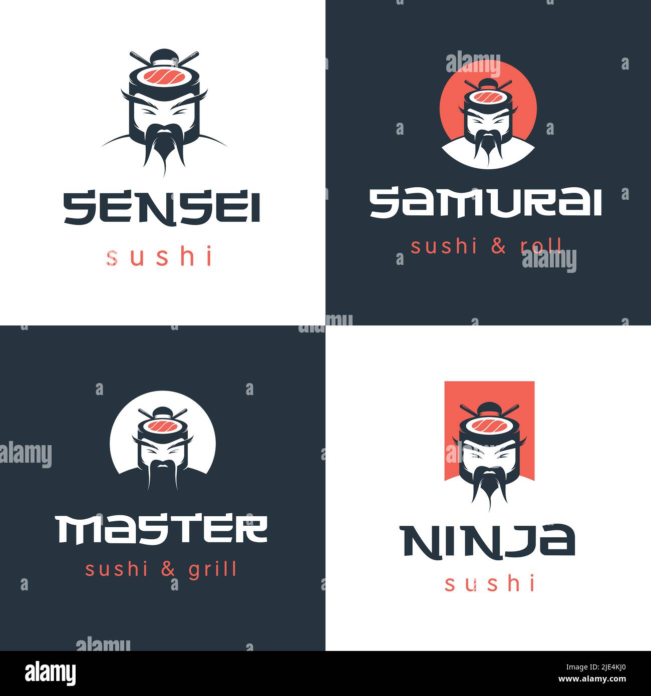 Modello di logo vettoriale per sushi e rotoli bar o ristorante. Set di icone di cibo tradizionale giapponese o cinese. Illustrazione Vettoriale