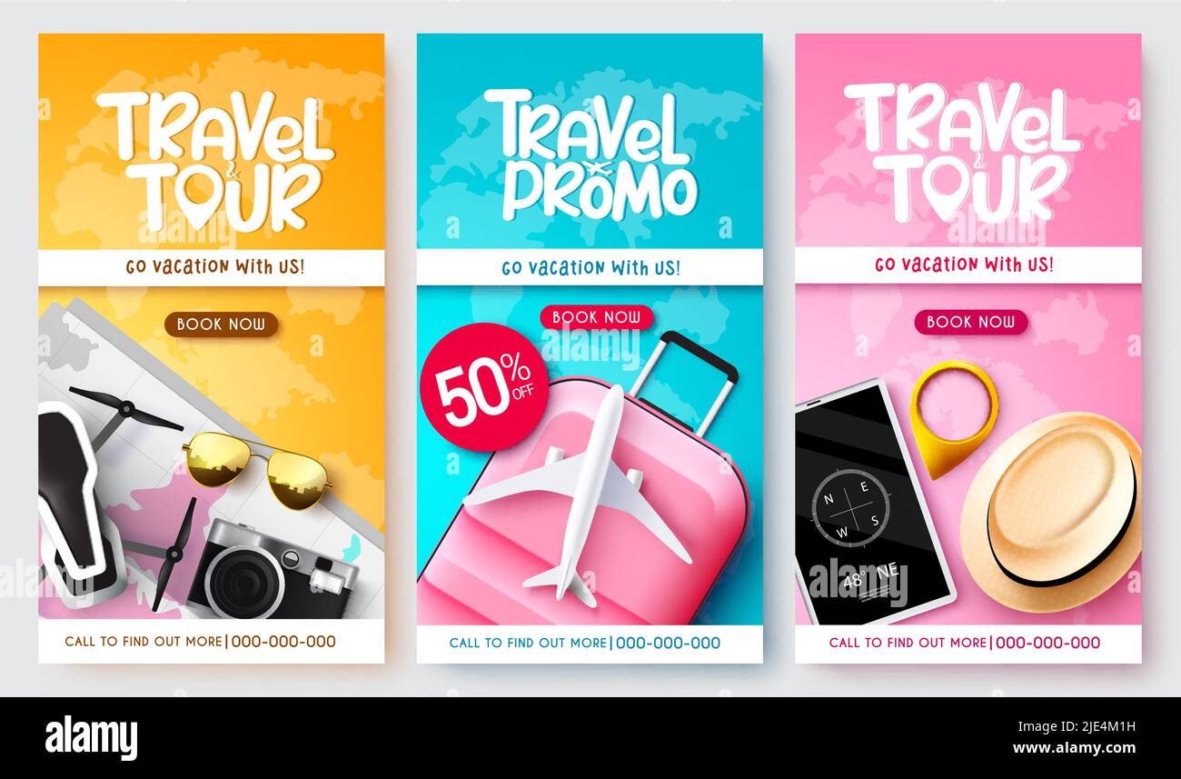 Design del set di poster vettoriale promozionale da viaggio. Travel tour text collection in offerta di sconto vendita con elementi turistici per la pubblicità di viaggio vacanza. Illustrazione Vettoriale
