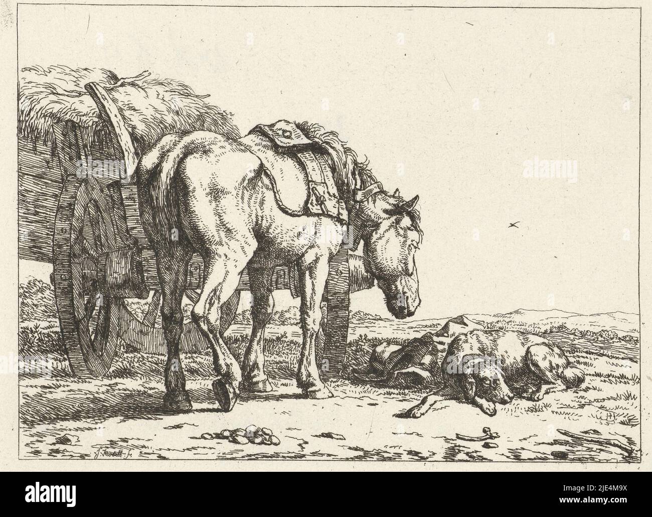 Cavallo e cane vicino ad un carro di fieno, Jan Kobell (II), 1788 - 1814, in un paesaggio ondulato si trova un carro di fieno con un cavallo accanto, visto da dietro. Accanto al cavallo un cane dormiente., stampatore: Jan Kobell (II), (menzionato sull'oggetto), 1788 - 1814, carta, incisione, a 126 mm x l 168 mm Foto Stock