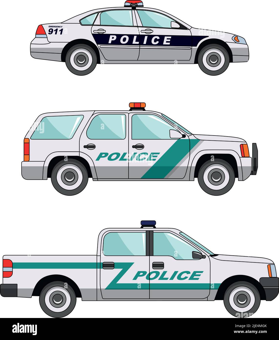 Tre varianti dell'auto della polizia in stile piatto Illustrazione Vettoriale