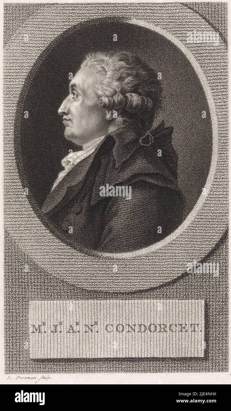 Ritratto del filosofo francese Marie Jean Antoine Nicolas de Caritat, Marquis de Condorcet, tipografo: Ludwig Gottlieb Portman, (citato in oggetto), Amsterdam, 1804, carta, incisione, h 187 mm x l 111 mm Foto Stock