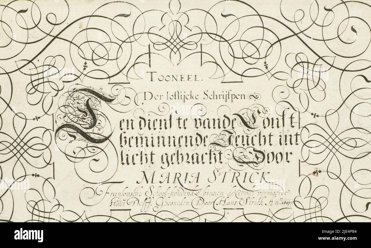 Testo calligrafico: Tooneel Der loflijcke Schrijfpen (...). Circondare un telaio di wickerwork, scrivere esempio Tooneel Der loflijcke Schrijfpen (...) (Titolo della serie su oggetto)., creatore di stampa: Hans Strick, (menzionato sull'oggetto), editore: Maria Strick-Becq, (menzionato sull'oggetto), editore: Jan Jansz., (Menzionato sull'oggetto), editore: Delft, editore: Amsterdam, 1617 - 1618, carta, incisione, a 170 mm x l 241 mm Foto Stock