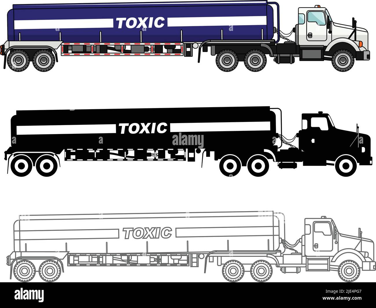 Illustrazione dettagliata dei carrelli cisterna che trasportano sostanze chimiche, radioattive, tossiche e pericolose isolate su sfondo bianco in stile piatto. Illustrazione Vettoriale