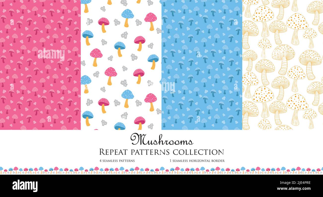 Set vettoriale di 4 funghi senza giunture sfondo pattern. 1 ripetere il bordo orizzontale. Motivi cartoonish rosa e blu per bambini. Disegno di ripetizione di superficie Illustrazione Vettoriale
